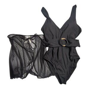 Jessica Simpson Textured One Piece Swimsuit & Cover-Up Belted Womens Small